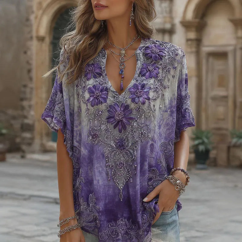 Women's Retro Floral Art Rhinestone Embroidery Casual Cotton Linen T-shirt