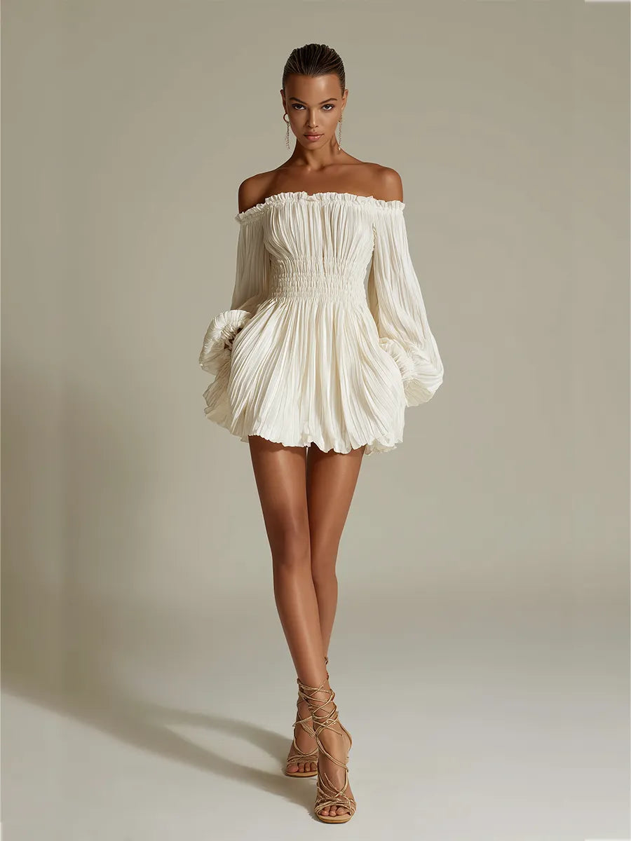 Women's Ivory Pleated Dress With Off-Shoulder Neckline & Ruched Waist, Timeless Sexy-Elegant Style Dress MDZ1305B8I