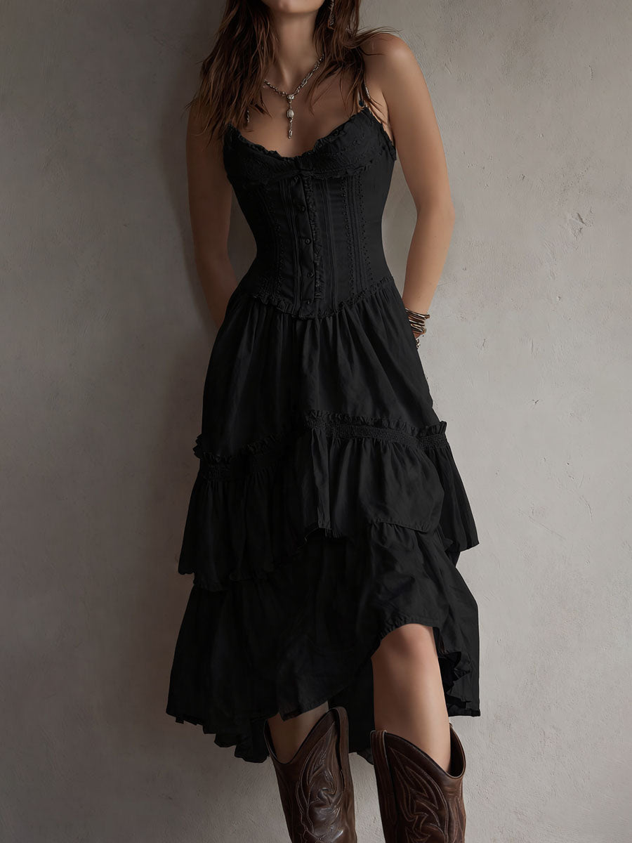 Retro Boho Corset Tiered Midi Dress With Lace-Trim