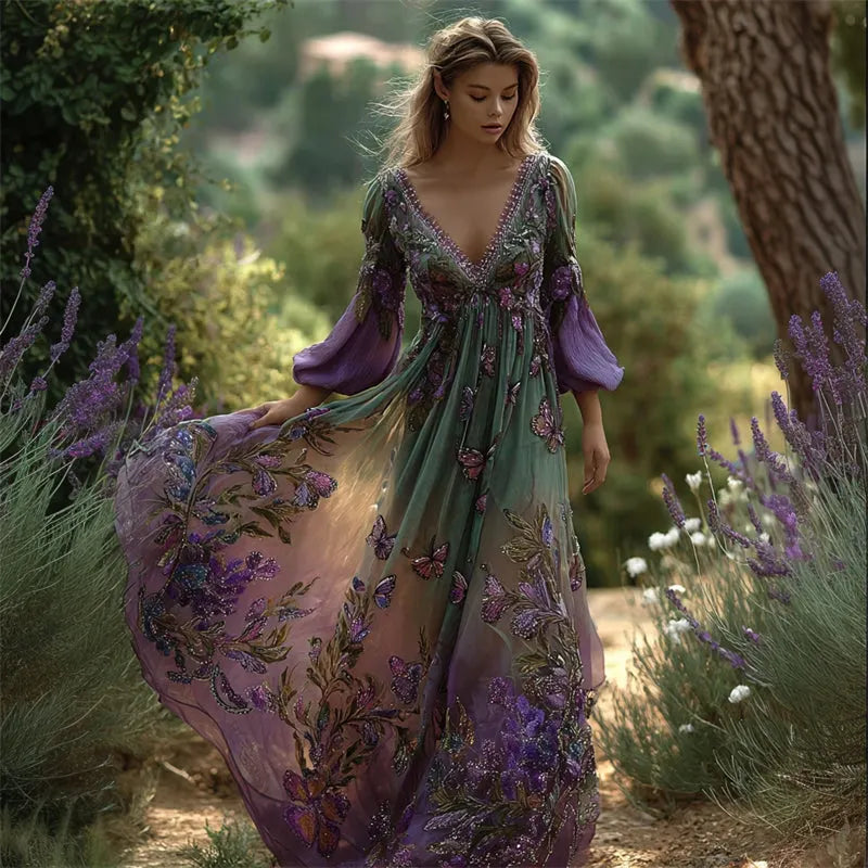 Classy Butterflies Floral Gradient Flowy Linen Maxi Dress