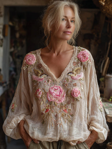 Women's Bohemian Pink Rose Embroidered Linen V-neck Long Sleeve Top