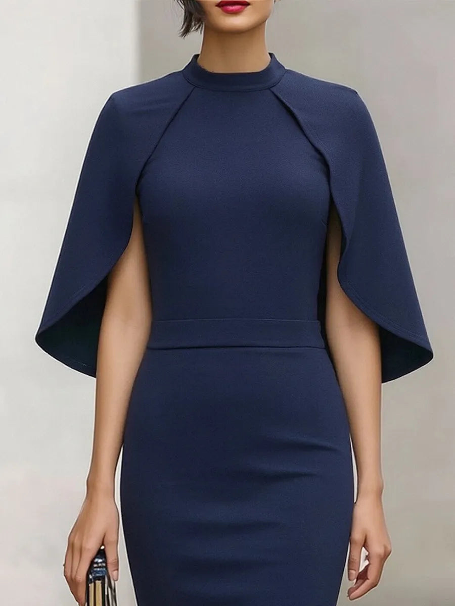 Elegant Navy Cape-Sleeve Midi Dress