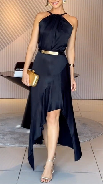 Black Satin Halter Neck Midi Dress+Accessory (Belt)