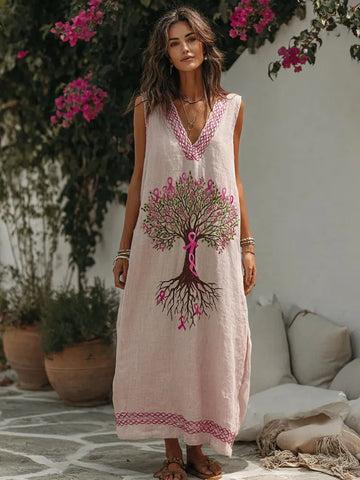 Women's Tree Of Life Pink Ribbon Embroidery V Neck Tank Midi Dress