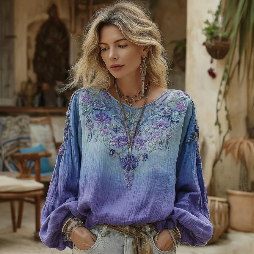 Women's Retro Gradient Floral Embroidery Casual Cotton Linen Crew Neck T-shirt
