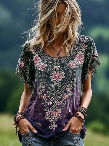 Women's Romantic Celtic Knot With Floral Art Linen Blend T-shirt