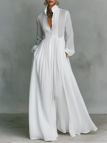 Women's Minimalist Cotton And Linen Patchwork Single-breasted Stand-up Collar Long-sleeved Maxi Dress MDA0658K6Y