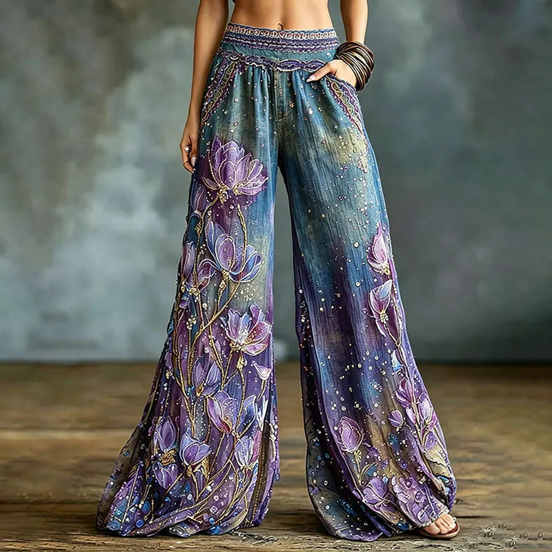 Women's Floral Art Embroidery Patchwork Cotton Linen Pants