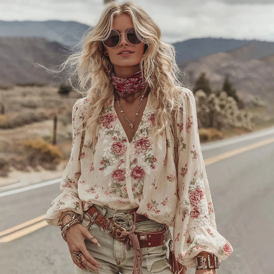 Women's Vacation Roses Print V-neck Linen Blend T-shirt