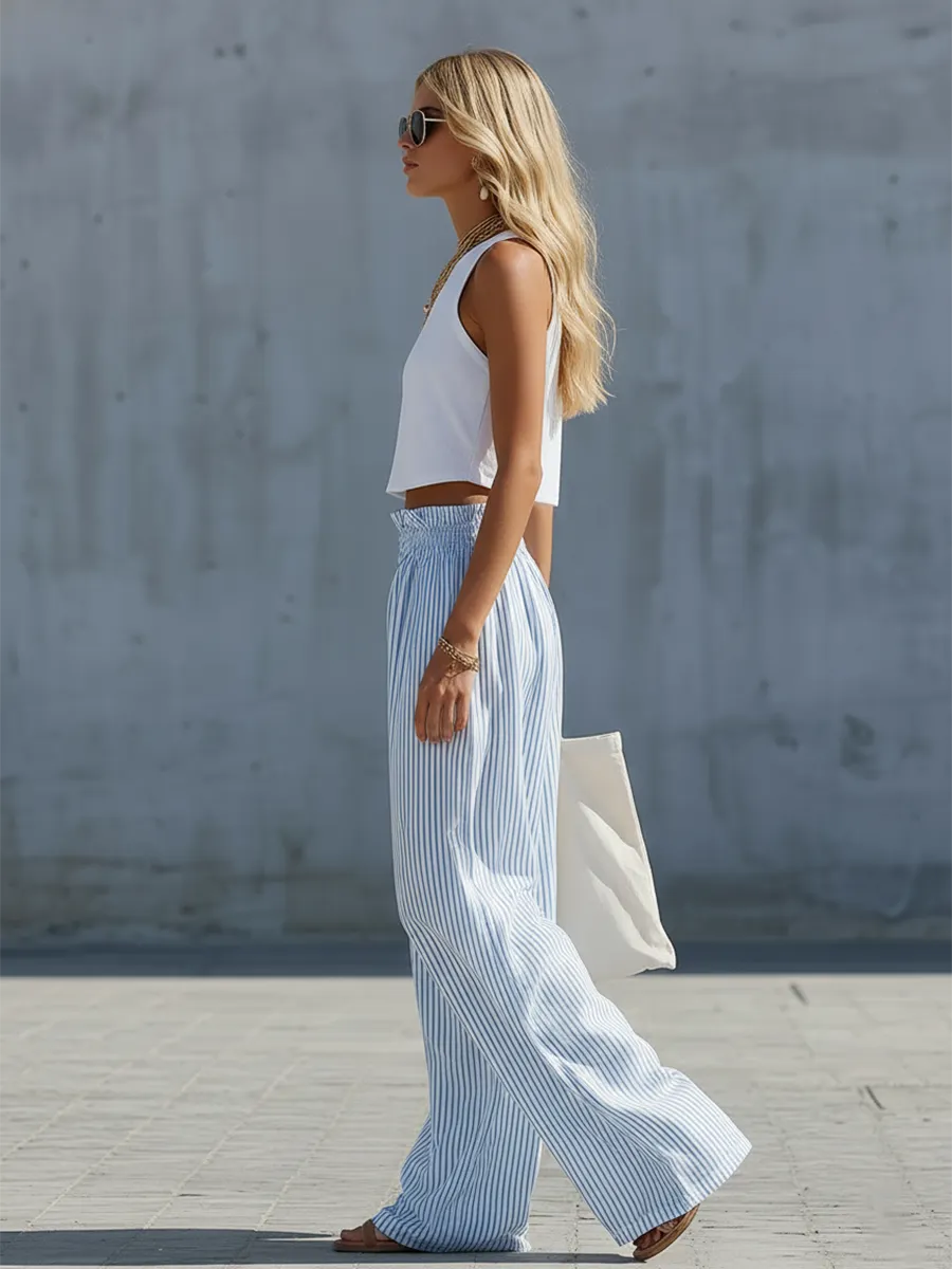 Stylish Casual White Cotton Tank Top And Blue Striped Pants Set