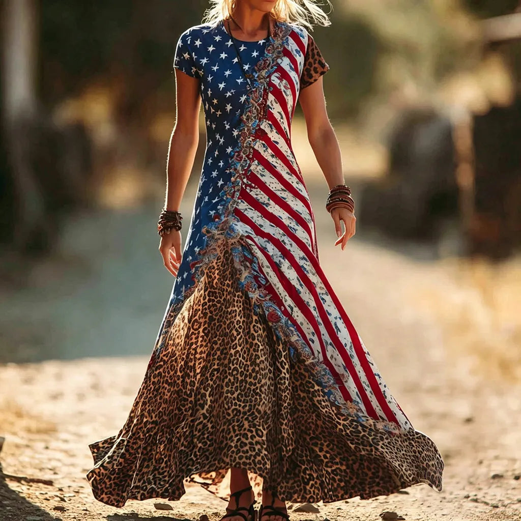Women's Retro Independence Day Leopard Print Flag Pattern Short-sleeve Long Dress