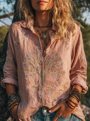 Women's Colorful Tree Of Life Embroidered Cotton And Linen Shirt