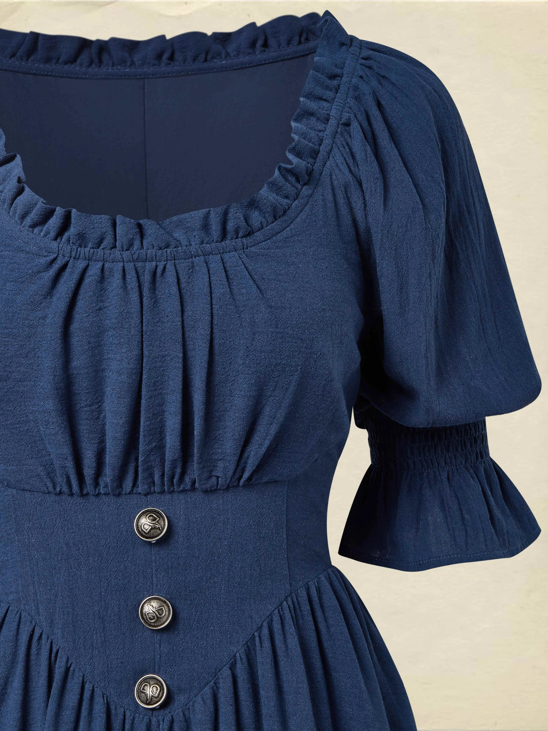 Linen Maxi Dress, Crew Neck, Half Sleeves, Belt, Victorian Style, Princess Dress, Blue