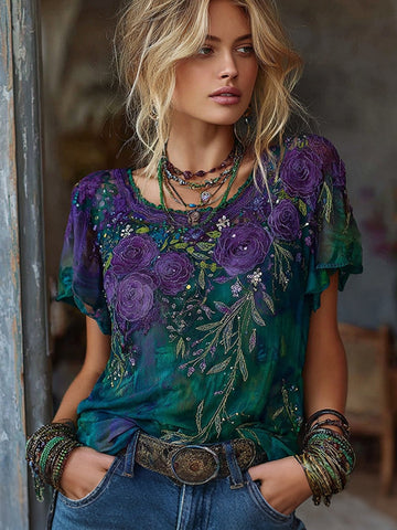 Women's Retro Floral Art Embroidery Casual Cotton Linen T-shirt