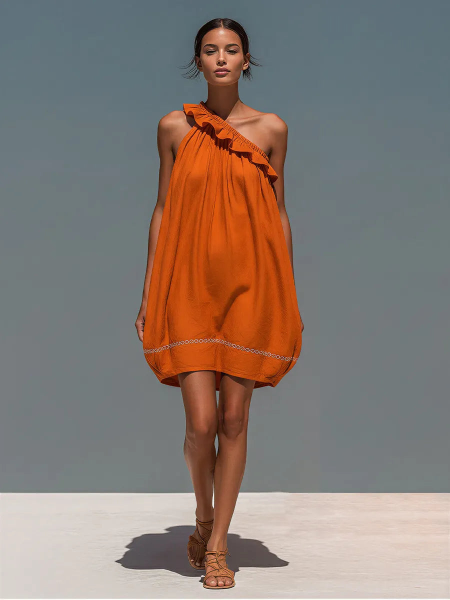 Women’s Orange Linen-Blend One-Shoulder Ruffled Mini Dress With Embroidered Hem MDZ2835D6T