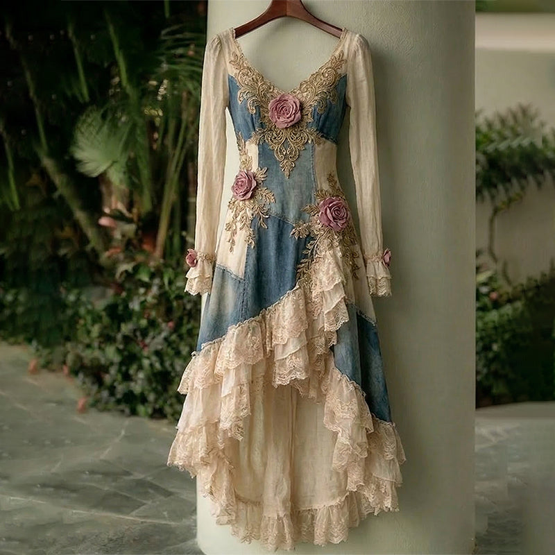 Women's Spring Elegant Flowers Patchwork V Neck Irregular Ruffle Midi Dress