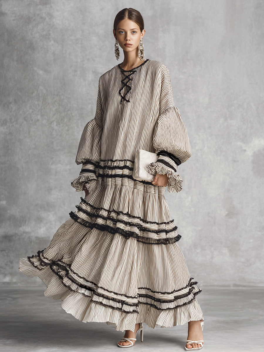 Women's Boho Striped Ruffle Tiered Cotton Blend Long Sleeve Maxi Dress MDZ1426B2BA