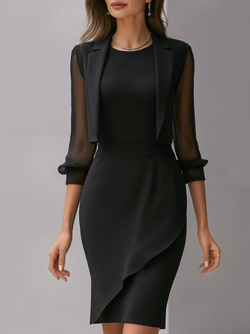 Sheer Sleeve Blazer & Asymmetric Dress Two-Piece Set