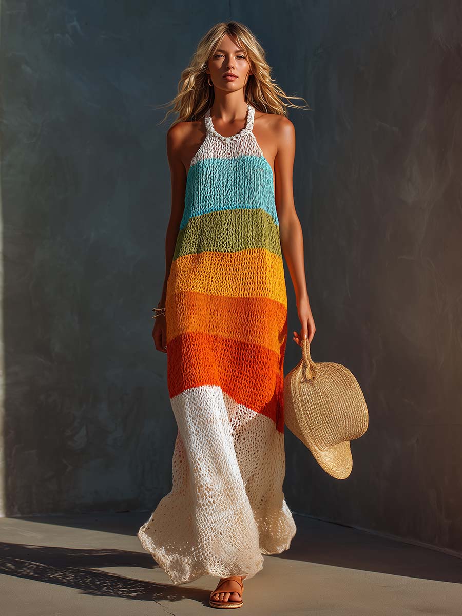 Breathable Vacation Halter-Neck Lightweight Striped Knit Maxi Dress