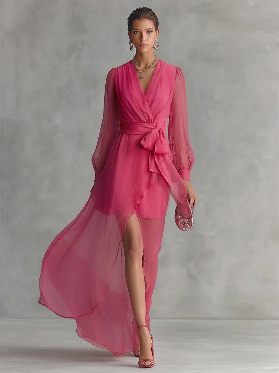 Women's Elegant Rose Pink Pearl Chiffon V-neck Tie-waist Long Dress MDZ1925A7BA