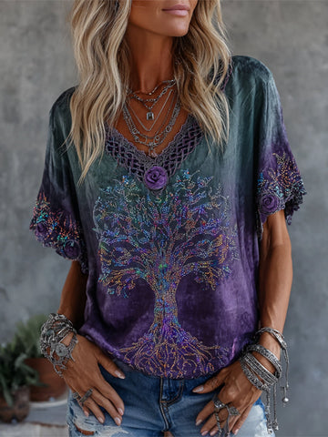 Women's Vintage Tree Of Life Floral Gradient Art Flowy Linen Blend Casual Tops