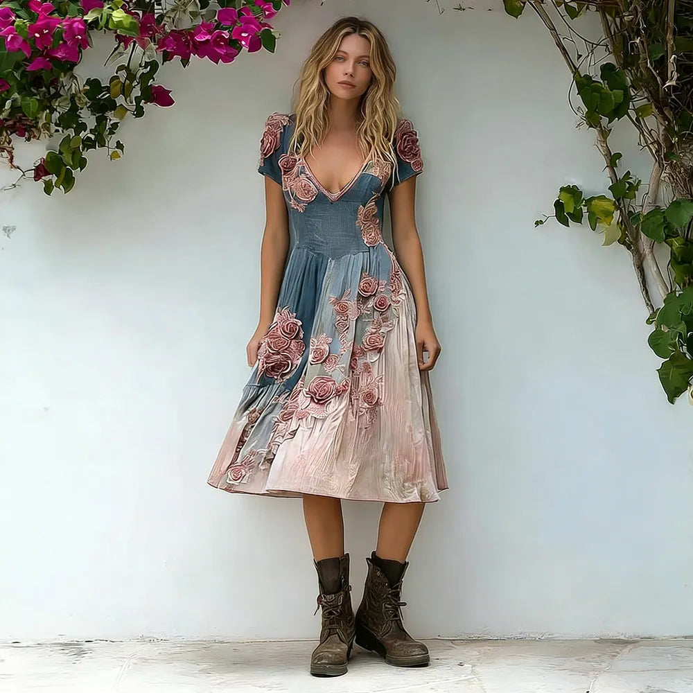Vintage Boho Pink Roses Embroidered Linen Midi Dress
