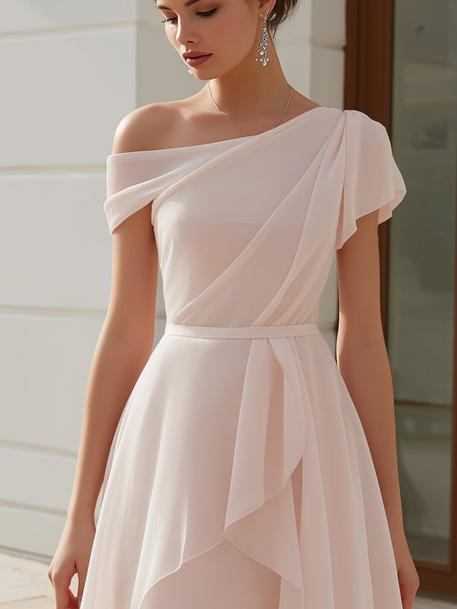 One-Shoulder Draped Chiffon A-Line Mini Dress