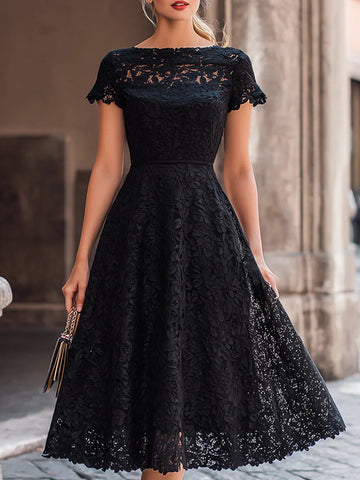 Elegant Floral Lace Boat Neck A-Line Midi Dress