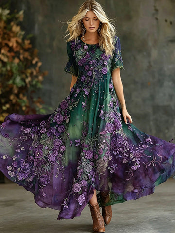 Women's Vintage Floral Gradient Art Flowy Casual Maxi Dress