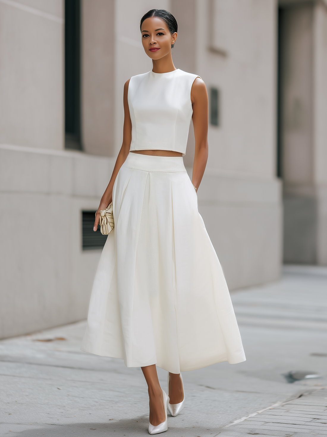 Sleeveless Cropped Top And Pleated Midi Skirt Set