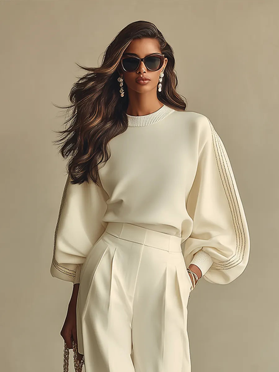Women's Ivory Textured Set With Ribbed Crew Neck & High-Waisted Bottoms, Modern Sophisticated Style Set MDA2231L6I