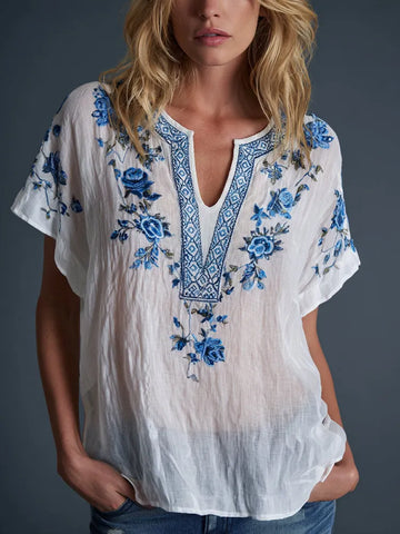 Women's Floral Art Print Flowy Linen Blend Casual Short Sleeve Tops