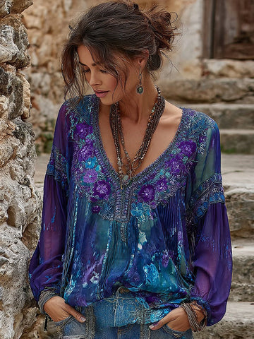 Women's Purple Floral Embroidery Gradient Casual T-shirt