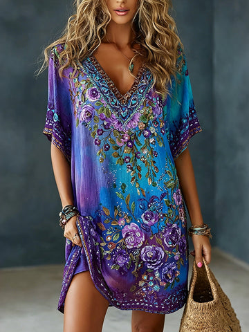 Women's Romantic Floral Art Linen Blend Mini' Dress