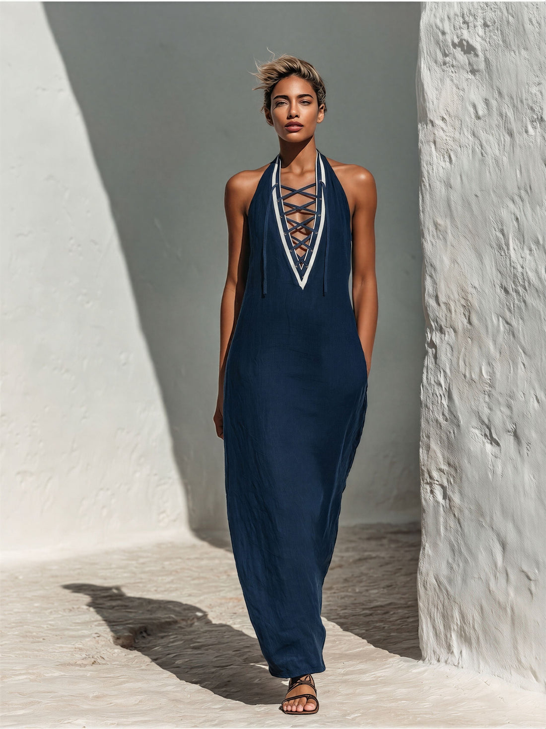 Women’s Navy Blue Linen-Blend Halter Neck Maxi Dress With Lace-Up Front & Contrast Trim MDZ2822D1T