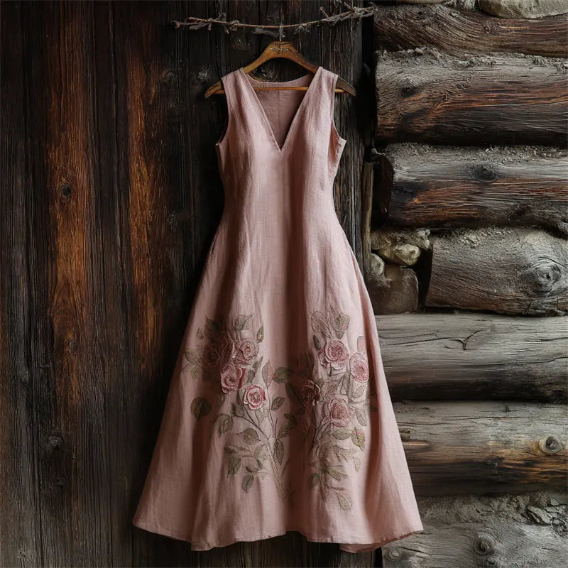 Classy Pink Roses Embroidered Linen Maxi Dress