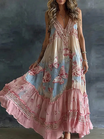 Women's Floral And Butterfly Art Print Flowy Linen Blend Casual Sleeveless Maxi Dress