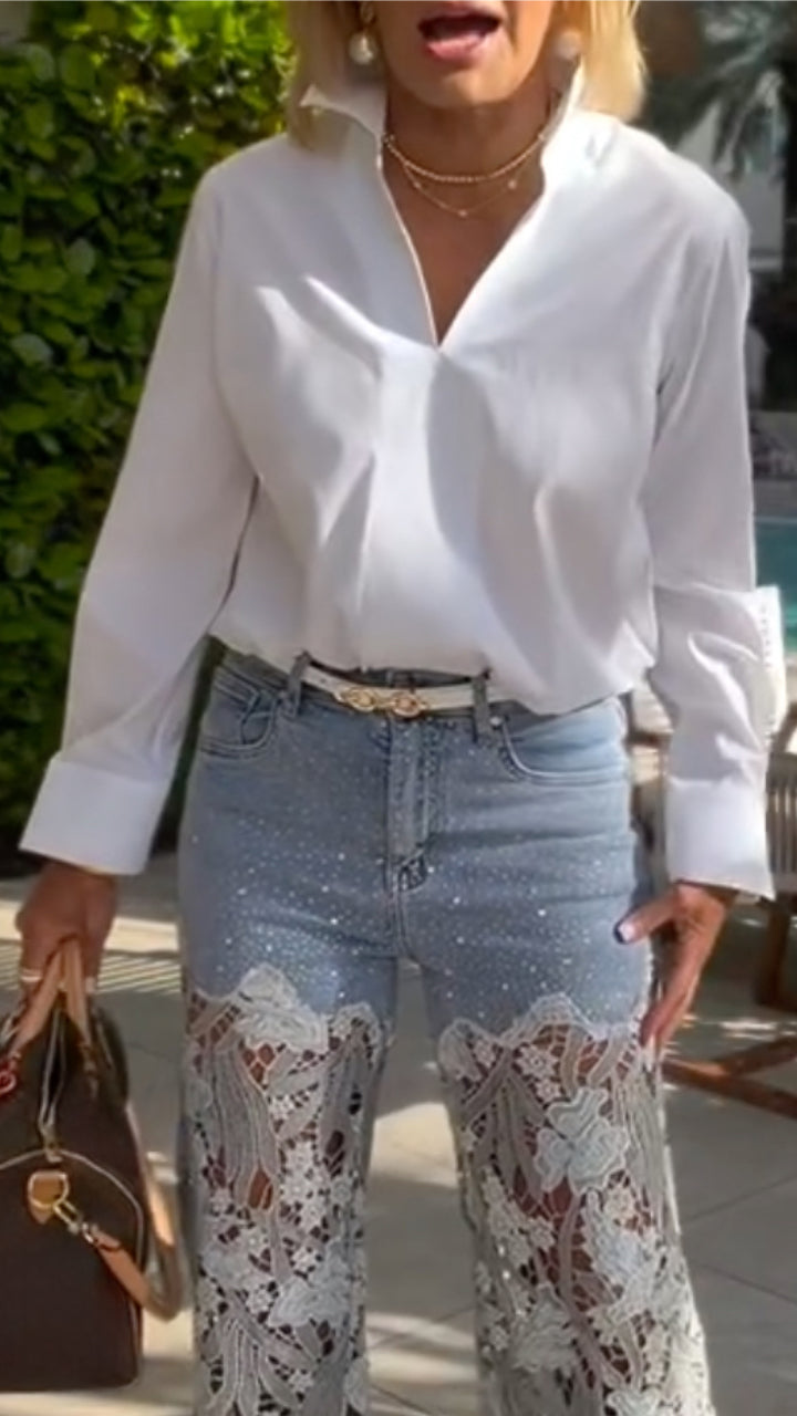 Women's Lapel Shirt + Paneled Cutout Jeans Set