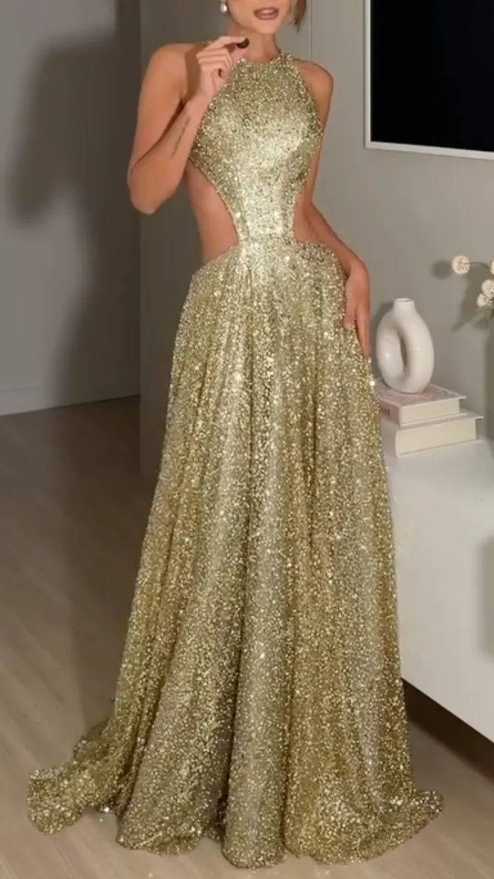 Gold Glitter Halter Side Cutout A-Line Train Maxi Gown