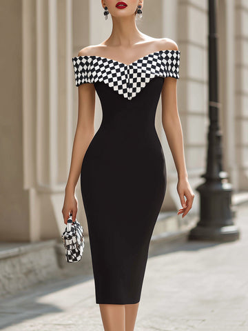 Chic Black & White Checkered Off-Shoulder Bodycon Midi Dress