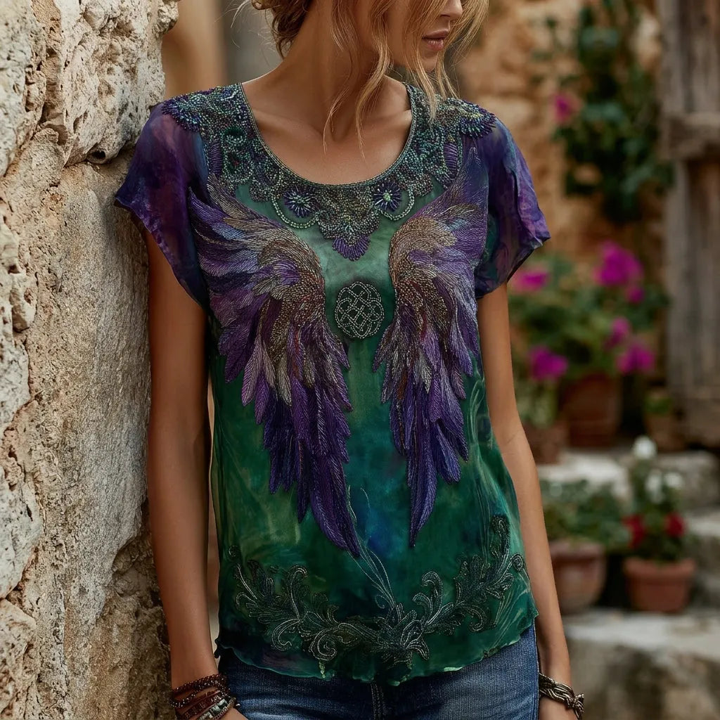 Women's Retro Wings Art Embroidery Short Sleeve T-shirt