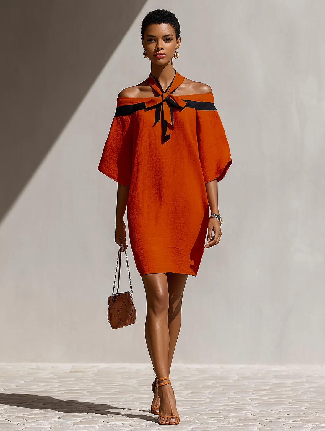 Women’s Orange Off-Shoulder Mini Dress With Black Bow Neck Detail MDZ1340E3T