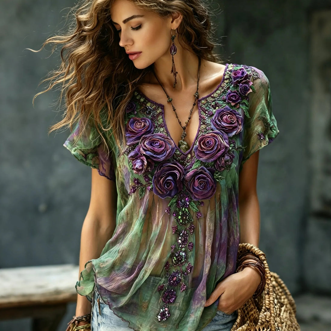 Women's Vintage Romantic Floral Art Linen Blend Tops