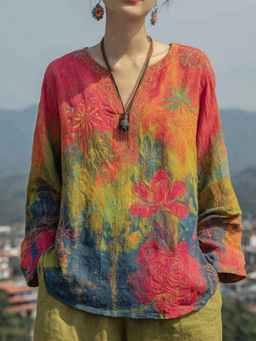 Women's Floral Pattern Tie-dye Art V-neck T-shirt