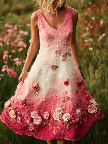 Pink Rose Embroidered Gradient Linen Tank Dress