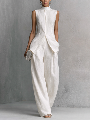 Women's Elegant White Cotton Linen Sleeveless Top and Wide-Leg Pants Set MDZ0221B1BA