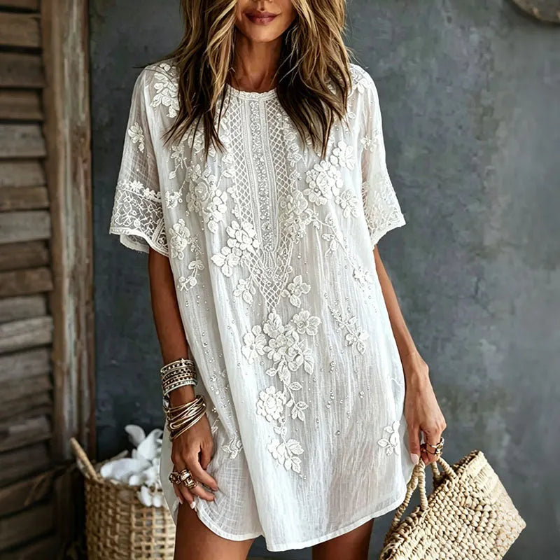 Women's Floral Art Embroidered Linen Blend Round Neck Mini Dress