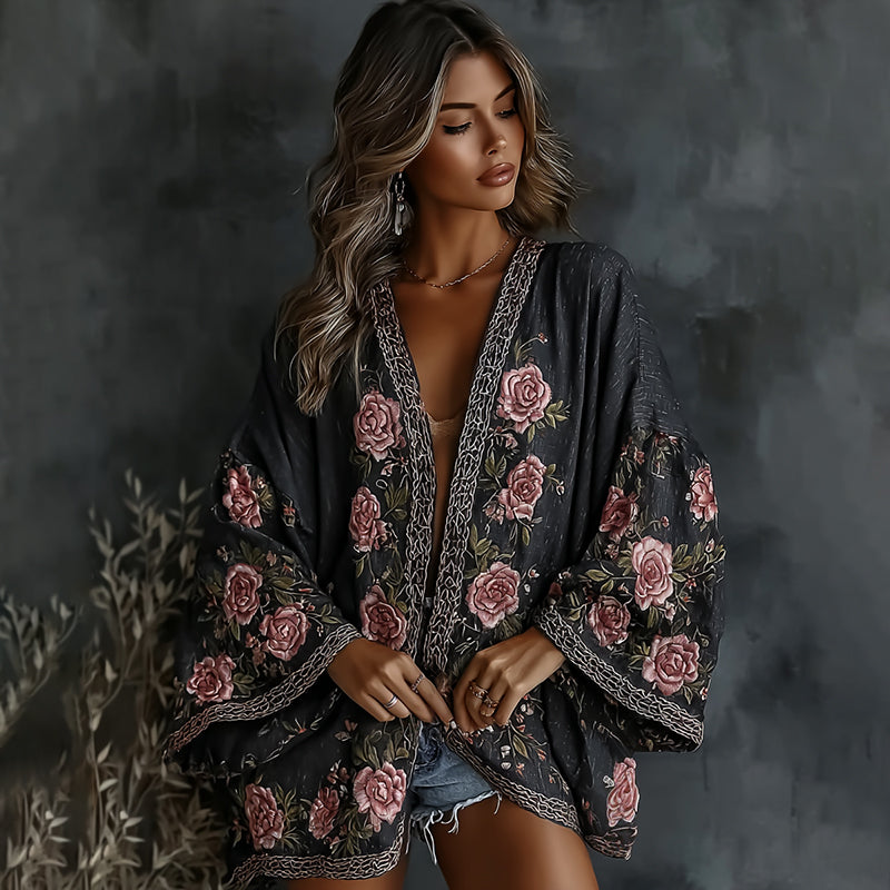Women's Vintage  Spring Floral Roses Embroidered Art Print Flowy Linen Blend Kimono