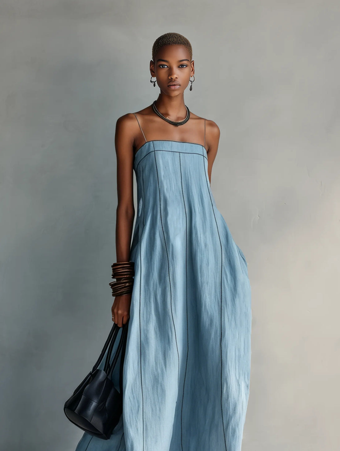 Women's Casual Blue Cotton-linen Sleeveless Camisole Maxi Dress MDZ1660F0LXY