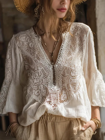 Bohemian Style Women's Vacation Casual Lace Cotton Linen V-neck Top